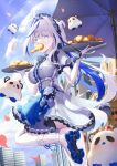  1girl ahoge aokumo_rin aqua_eyes back_ribbon belt blue_skirt blue_sky blue_streaks boots bow breasts building center_frills character_name chicken_(food) chicken_wing city cloud cloud_hair_ornament colored_inner_hair commentary_request day elbow_gloves expressionless fall_(aki) floating_hair food food_in_mouth foot_out_of_frame fried_chicken frilled_skirt frills garter_straps gloves highres holding holding_plate korean_commentary kurimi_(aokumo_rin) large_breasts leg_up long_hair looking_at_viewer maid maid_headdress mascot multicolored_hair name_tag outdoors plate purple_bow ribbon roller_skates short_sleeves skates skirt sky skyscraper solo standing standing_on_one_leg stellive thighhighs twisted_torso virtual_youtuber white_boots white_gloves white_hair white_ribbon white_thighhighs zettai_ryouiki 