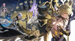  5boys 6+girls aglaea_(honkai:_star_rail) alternate_form anaxa_(honkai:_star_rail) antenna_hair armor asymmetrical_wings black_choker black_cloak black_gloves black_shirt black_wings blonde_hair blue_cape book cape castorice_(honkai:_star_rail) choker cipher_(honkai:_star_rail) cloak closed_eyes coat commentary coreflame_(honkai:_star_rail) cracked_skin cyrene_(honkai:_star_rail) dark_persona dress english_commentary fingerless_gloves flame_reaver_of_the_deepest_dark gloves guaisanmu hair_between_eyes hair_ornament halo halo_behind_head hand_on_own_chest highres holding holding_book holding_sword holding_weapon honkai:_star_rail honkai_(series) hood hood_up hooded_cloak hyacine_(honkai:_star_rail) kneeling material_growth multiple_boys multiple_girls multiple_persona mydei_(honkai:_star_rail) pauldrons phainon_(honkai:_star_rail) pink_hair shirt short_hair shoulder_armor single_glove single_pauldron sword torn_clothes torn_shirt trianne_(honkai:_star_rail) tribbie_(honkai:_star_rail) trinnon_(honkai:_star_rail) weapon white_coat white_dress white_hair wings yellow_blood yellow_eyes yellow_wings 