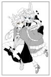  2boys :d androgynous animal_ears blue_eyes boots bow bowtie cloak collarbone commentary_request crossdressing crossdressing_(mtf) dragon_quest dragon_quest_x dress floating_hair frilled_dress frilled_socks frills frown hair_bow heart hero_(dq10) highres invisible_chair kuro11_222 looking_at_another looking_back low_ponytail male_focus multiple_boys off-shoulder_dress off_shoulder pectoral_cleavage pectorals ponytail rabbit_boy rabbit_ears raki_(dq10) screentones shirt shorts sitting smile socks spot_color squiggle strappy_heels sweatdrop teeth trap upper_teeth_only wolf_boy wolf_ears yellow_eyes 