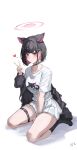  1girl absurdres animal_ears animal_print between_legs black_hair black_jacket black_socks blue_archive blunt_bangs blunt_ends blush cat_ears cat_girl cat_print closed_mouth colored_inner_animal_ears colored_inner_hair extra_ears hand_between_legs highres jacket kazusa_(band)_(blue_archive) kazusa_(blue_archive) looking_at_viewer multicolored_hair no_shoes official_alternate_costume pink_hair shirt short_hair sitting skirt smile socks solo straw_raspberry thigh_strap two-tone_hair v wariza white_shirt white_skirt 