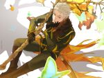  1boy absurdres blue_eyes boots branch bug butterfly fate/grand_order fate_(series) from_above fur-trimmed_jacket fur_trim gloves grey_hair hair_slicked_back highres holding holding_branch jacket katana long_sleeves ma_koneko male_focus mouth_hold nagakura_shinpachi_(fate) pants scar scar_on_cheek scar_on_face short_hair sitting smile solo stalk_in_mouth sword weapon 