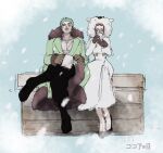  1boy 1girl black_pants blush brown_gloves coat commentary_request crossed_arms cup eyewear_on_head full_body gloves green_coat hisarakanoi holding holding_cup hood hooded_coat nico_robin one_piece pants roronoa_zoro scar scar_across_eye scar_on_face short_hair stitched_torso stitches white_coat 