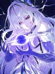  1girl bare_shoulders breasts butterfly_hair_ornament closed_mouth colored_skin detached_sleeves dress expressionless genshin_impact grey_hair hair_between_eyes hair_ornament highres ikasoba long_hair medium_breasts pink_eyes skirk_(genshin_impact) solo upper_body very_long_hair 
