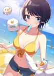  1girl alternate_costume bikini bikini_under_shorts black_hair blue_eyes blue_shorts blue_sky breasts cleavage cloud commentary_request copyright_notice cosplay day denim denim_shorts food food_in_mouth front-tie_bikini_top front-tie_top halterneck highleg highleg_bikini holding holding_swim_ring hololive innertube large_breasts looking_at_viewer navel ocean official_art oozora_subaru oozora_subaru_(cosplay) oozora_subaru_(hololive_summer_2019) open_fly outdoors popsicle popsicle_in_mouth shigure_ui short_hair short_shorts shorts sky solo suba_tomo_(big) suba_tomo_(small) subaru_duck swept_bangs swim_ring swimsuit virtual_youtuber yellow_bikini 