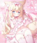  1girl animal_ear_fluff animal_ears blonde_hair blue_eyes blush bow bow_panties clothes_lift dog_ears dog_girl dog_tail dress dress_lift hair_ornament hairband hairclip highres lifting_own_clothes lolita_hairband long_hair lying momozu_komamochi navel no_shoes on_back original panties pillow pink_dress pink_panties pink_ribbon pink_thighhighs ribbon short_sleeves solo strapless strapless_dress tail thighhighs thighs two_side_up underwear 