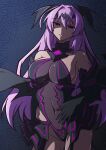  1girl absurdres aoi_tabane bare_shoulders black_gloves breasts cleavage corruption covered_navel dark_persona elbow_gloves empty_eyes evil_smile gloves hair_ornament highres katsuragi_marina kouyoku_senki_exs-tia large_breasts leotard liberator_(kouyoku_senki_exs-tia) long_hair looking_at_viewer mind_control pubic_tattoo purple_eyes purple_hair see-through_clothes skirt smile solo tattoo wings 