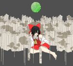  ascot back_hair bare_shoulders bow chest_sarashi cloud_print detached_sleeves frilled_bow frilled_hair_tubes frilled_skirt frills grey_background hair_tubes hakurei_reimu hand_on_own_leg highres looking_to_the_side no_shoes nontraditional_miko rannsama_(pa) red_bow red_skirt ribbon-trimmed_sleeves ribbon_trim sarashi single_bare_foot sitting skirt skirt_set smile touhou yellow_ascot yellow_eyes 