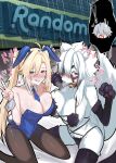  1boy 2girls animal_ears asuna_(user_agnu3725) bikini black_bikini black_bra black_pantyhose black_thighhighs blonde_hair blue_leotard blue_necktie blush bra breasts cleavage detached_collar fake_animal_ears fur_bikini fur_gloves furry furry_female genderswap genderswap_(mtf) heterochromia highres hugo_vlad large_breasts leotard long_hair multiple_girls muzzle_(mask) necktie pantyhose playboy_bunny pointy_ears rabbit_ears strapless strapless_leotard swimsuit tail thighhighs underwear v von_lycaon white_fur wise_(zenless_zone_zero) wolf_ears wolf_girl wolf_tail zenless_zone_zero 