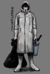  1boy arms_at_sides bag black_hair black_pants blood blood_on_clothes blood_on_gloves blood_on_shoes boots bucket covered_mouth film_grain full_body gloves gloves_over_sleeves green_eyes grey_background hair_between_eyes heterochromia highres holding holding_bag holding_bucket hood hood_up hypnosis_mic legs_apart looking_at_viewer male_focus mole mole_under_eye muted_color pale_skin pants pants_tucked_in raincoat red_eyes rubber_boots rubber_gloves saw serious shadow shoes short_hair solo straight-on translation_request trash_bag white_gloves white_raincoat white_shoes x09cc yamada_ichiro 