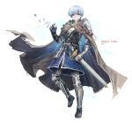  1boy absurdres arm_armor armor armored_boots artist_name black_boots blue_eyes blue_hair boots brown_cape cape character_name closed_mouth commentary english_commentary franlol full_body grey_pants hand_up highres himmel_(sousou_no_frieren) holding holding_sword holding_weapon looking_at_viewer male_focus pants short_hair shoulder_armor simple_background smile solo sousou_no_frieren standing sword weapon white_background 