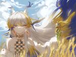  1girl again_nuo arknights artist_name bare_shoulders blonde_hair blue_hair blue_sky closed_mouth cloud day dragon_girl dragon_horns eastern_dragon_horns eyeliner fruit_earrings hair_intakes hand_up highres holding horns jacket long_hair makeup multicolored_hair off_shoulder orange_eyeliner pointy_ears rice_(plant) shirt shu_(arknights) signature sky solo strapless strapless_shirt upper_body white_jacket yellow_hands 