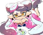  :&gt; @_@ black_bra black_hair bow bow-shaped_hair bra callie_(splatoon) callie_(unused_coat_outfit)_(splatoon) cichuweijia coat cowlick earrings eye_mask eyelashes feet_up fish_(food) food fur_coat gradient_hair hat head_on_hands jewelry lollipop_in_mouth long_hair long_pointy_ears long_sleeves looking_at_viewer lying marie_(splatoon) marie_(squid_sisters_outfit)_(splatoon) mole mole_under_eye multicolored_hair on_stomach open_clothes open_coat pink_coat pink_hat pink_leaf pink_shiso_leaf pointy_ears polka_dot polka_dot_hair sashimi shoes short_eyebrows simple_background splatoon_(series) splatoon_2 spotted_hair stuffed_animal stuffed_toy suction_cups swept_bangs tentacle_hair thick_eyebrows twintails underwear white_background yellow_eyes yellow_pupils 