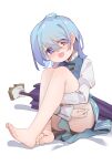  1girl absurdres ahoge barefoot blue_eyes blue_hair blue_skirt blue_vest closed_umbrella collared_shirt feet full_body gumingdi_ban hair_between_eyes heterochromia highres hugging_own_legs juliet_sleeves karakasa_obake knees_to_chest knees_up long_sleeves looking_at_viewer medium_hair open_mouth puffy_sleeves purple_umbrella red_eyes shirt simple_background sitting skirt solo tatara_kogasa toes touhou umbrella vest white_background white_shirt 