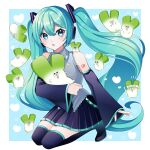  1girl aqua_eyes aqua_hair black_skirt blush boots detached_sleeves grey_shirt hair_between_eyes hair_ornament hatsune_miku headphones highres holding holding_stuffed_toy long_hair long_sleeves looking_at_viewer masumofu number_tattoo open_mouth pleated_skirt shirt skirt sleeveless sleeveless_shirt sleeves_past_wrists stuffed_toy tattoo thigh_boots twintails very_long_hair vocaloid wide_sleeves 
