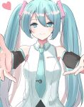  1girl aqua_eyes aqua_hair aqua_necktie breasts closed_mouth detached_sleeves guram hair_between_eyes hair_ornament hatsune_miku heart highres light_blush long_hair long_sleeves looking_at_viewer medium_breasts necktie reaching reaching_towards_viewer shirt simple_background sleeveless sleeveless_shirt small_breasts solo twintails very_long_hair vocaloid white_background white_shirt wide_sleeves 