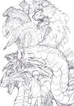  1boy absurdres angel_dragon_(toaru) clenched_hand closed_mouth commentary_request cowboy_shot dragon eastern_dragon extra_eyes greyscale hand_up highres hood hood_down hoodie horns imagine_breaker jacket julioalqae kamijou_touma lineart long_sleeves looking_at_viewer monochrome no_eyes one-eyed open_clothes open_jacket pants sharp_teeth short_hair simple_background spiked_hair teeth toaru_kagaku_no_railgun toaru_kagaku_no_railgun_t toaru_majutsu_no_index white_background 