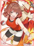  1girl absurdres ahoge bandana bike_shorts bike_shorts_under_shorts blaziken blush bow_hairband breasts brown_eyes brown_hair cosplay fire gakuen_idolmaster gradient_hair hairband hanami_ume highres hiyoko_neneko holding holding_poke_ball idolmaster large_breasts looking_at_viewer may_(pokemon) may_(pokemon)_(cosplay) mega_ring multicolored_hair open_mouth poke_ball poke_ball_(basic) pokemon pokemon_(creature) pokemon_oras red_bandana red_shirt shirt shorts shorts_under_shorts sleeveless smile solo 