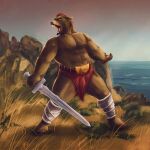 anthro bear belt bottomwear brown_body brown_fur bulge clothed clothing facial_piercing fangs front_view full-length_portrait fur hair hi_res holding_melee_weapon holding_object holding_sword holding_weapon loincloth looking_at_viewer male male_anthro mammal melee_weapon muscular muscular_anthro muscular_male nipples nose_piercing nose_ring open_mouth outside piercing portrait red_eyes red_hair ring_piercing satanic_monkey septum_piercing septum_ring short_hair solo standing sword teeth topless weapon