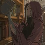  animal bad_id bad_pixiv_id black_cat black_cat_(elona) book cat cloak elona exile_(elona) harusame_(rueken) hood hooded_cloak scar shelf solo third_eye white_hair 