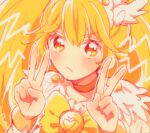  1girl annoyed blonde_hair bow bowtie brooch choker closed_mouth cure_peace dot_nose double_v eyelashes feather-trimmed_sleeves frown hair_between_eyes hair_ornament jewelry kise_yayoi light_blush long_hair magical_girl nachuchoco outline precure shoes short_sleeves signature smile_precure! solo tareme tiara upper_body v v-shaped_eyebrows very_long_hair white_arm_warmers white_outline white_sleeves wing_hair_ornament wrist_cuffs yellow_bow yellow_bowtie yellow_choker yellow_eyes yellow_shoes yellow_theme yellow_wrist_cuffs 