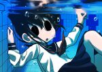  1girl air_bubble black_eyes black_hair bubble caustics explosion_psycho highres long_sleeves medium_skirt neckerchief no_pupils open_mouth original pool red_neckerchief refraction sailor_collar school_uniform serafuku shirt skirt solo tiles underwater white_shirt 