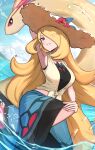  1girl absurdres arm_up armpits bikini bikini_under_clothes blonde_hair blue_sarong breasts brown_hat covered_navel crop_top cynthia_(pokemon) cynthia_(summer_2025)_(pokemon) flower flower_hat gonzarez grey_eyes hair_over_one_eye hat hat_flower highres large_breasts long_hair milotic navel official_alternate_costume outdoors pokemon pokemon_(creature) pokemon_masters_ex sarong shirt sky smile solo straw_hat sun_hat swimsuit tied_shirt very_long_hair water 