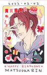  1boy adam&#039;s_apple black_jacket emoji english_text free! grey_hoodie highres hood hoodie jacket looking_at_viewer male_focus matsuoka_rin nose one_eye_closed parted_bangs parted_lips portrait red_eyes red_hair sedol_tw sharp_teeth shirt short_hair slit_pupils solo teeth white_shirt 
