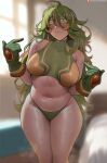  1girl blurry blurry_background blush boku_no_hero_academia breasts closed_mouth deku&#039;s_photo_of_hagakure_toru gloves green_eyes green_gloves green_hair hagakure_toru hair_between_eyes highres indoors large_breasts long_hair looking_at_viewer multicolored_hair navel nipples official_alternate_costume oroborus patreon_logo patreon_username pink_hair smile solo standing sweat two-tone_hair unusually_visible 