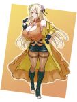  1girl absurdres akira_blanton assault_lily bare_shoulders belt black_belt black_boots black_gloves black_ribbon black_skirt blonde_hair blush boots border breasts brown_pantyhose button_gap buttons cleavage coat collarbone collared_shirt commentary_request finger_to_mouth fingerless_gloves flower frilled_sleeves frills full_body gloves gradient_background green_eyes green_flower hair_between_eyes hair_flower hair_ornament hair_ribbon hand_on_own_cheek hand_on_own_face highres huge_breasts jewelry knee_boots lace-up_boots long_hair looking_at_viewer mabuta_kayumi miniskirt multiple_belts necklace o-ring o-ring_belt off_shoulder open_clothes open_coat orange_background orange_shirt outside_border pantyhose parted_lips pencil_skirt pendant purple_flower ribbon shirt sketch skirt sleeveless sleeveless_shirt solo standing thighband_pantyhose very_long_hair waist_cape white_border yellow_coat 