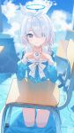  1girl absurdres arona_(blue_archive) blue_archive blue_eyes blue_halo blue_shirt blurry blush braid chair choker cloud cloudy_sky commentary depth_of_field eimizzzzz four-finger_heart_hands hair_over_one_eye hair_ribbon halo headband heart heart_hands highres in_water kneeling looking_at_viewer ribbon sailor_collar school_chair school_uniform serafuku shirt single_braid sky smile solo white_choker white_hair white_headband white_ribbon 