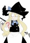  1girl ? bird black_dress black_hat black_vest blonde_hair blue_bow blue_eyes blue_ribbon bolos bow braid broom buttons crow dress fire hat hat_bow kirisame_marisa lantern light_smile long_hair ribbon single_braid touhou vest white_background white_dress witch witch_hat 