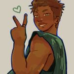  1boy 8wnqt :d blue_outline brown_hair crew_cut dark-skinned_male dark_skin derek_suarez green_eyes green_tank_top grin heart highres jewelry looking_at_viewer looking_back male_focus our_life our_life:_beginnings_and_always outline ring smile solo tank_top toned toned_male upper_body v 