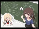  &gt;_&lt; 2girls :d black_skirt blonde_hair blush chalk chalkboard hair_ornament holding holding_pen kai3700 long_hair math multiple_girls musical_note original otowa-san_(young)_(sensei_to_mondaiji?_no_yuri) pen pencil_skirt purple_shirt red_eyes school_uniform sensei_(sensei_to_mondaiji?_no_yuri) sensei_to_mondaiji?_no_yuri_(kai3700) serafuku shirt skirt smile speech_bubble spoken_musical_note teacher teacher_and_student teaching white_shirt yuri 