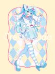  1girl absurdres alternate_hairstyle aqua_dress aqua_hair aqua_shoes asymmetrical_legwear bow cherry commentary cute_x_subculture_hatsune_miku_design_contest dress fashion food food_print fruit hat hatsune_miku highres holding holding_own_hair ice_cream ice_cream_float long_hair looking_at_viewer mary_janes mismatched_legwear sapphire_ethu shoes solo thighhighs tongue tongue_out two_side_up vocaloid walking white_bow zettai_ryouiki 