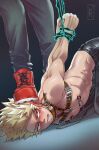  2boys abs absurdres arms_behind_back arms_up bakugou_katsuki bare_pectorals bdsm belt_collar black_pants black_whip_(boku_no_hero_academia) blonde_hair blush boku_no_hero_academia boots bound bound_wrists chest_harness collar commentary english_commentary harness head_out_of_frame highres lower_teeth_only male_focus midoriya_izuku multiple_boys nipple_chain nipple_clamps open_mouth pants pectorals red_boots red_collar red_eyes sanpaku shoelaces sweat teeth toned toned_male top-down_bottom-up wildmagensfw yaoi 
