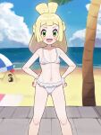  1girl :d beach_towel bikini blonde_hair chiwino cloud collarbone commentary_request day green_eyes hands_on_own_hips happy highres knees large_variant_set lillie_(pokemon) long_hair looking_at_viewer open_mouth outdoors palm_tree pokemon pokemon_(anime) pokemon_(creature) pokemon_sm_(anime) sand sandygast shore sky smile standing swimsuit towel tree variant_set water white_bikini 