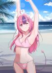  1girl ahoge asymmetrical_horns beach bikini blue_sky blush breasts closed_mouth cloud cloudy_sky collarbone day demon_horns demon_tail fangs hair_ornament hairclip heart heart_ahoge heart_hair_ornament highres horns ironmouse long_hair multicolored_hair navel ocean one_eye_closed outdoors palm_tree pink_bikini pink_eyes pink_hair pink_tail purple_hair sand side-tie_bikini_bottom sky smile solo stomach streaked_hair swimsuit tail thighs tree two-tone_hair user_ckjz8743 virtual_youtuber vshojo white_horns 