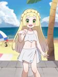  1girl :d beach_towel bikini blonde_hair chiwino cloud collarbone commentary_request day green_eyes hand_up happy highres knees large_variant_set lillie_(pokemon) long_hair looking_at_viewer open_mouth outdoors palm_tree pokemon pokemon_(anime) pokemon_(creature) pokemon_sm_(anime) sand sandygast shore sky smile standing swimsuit towel tree variant_set water 