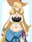  1girl absurdly_long_hair absurdres bikini bikini_under_clothes blonde_hair blue_sarong blush breasts cercis_seiso cleavage closed_mouth commentary_request cowboy_shot crop_top curvy cynthia_(pokemon) cynthia_(summer_2025)_(pokemon) flower grey_eyes hair_over_one_eye hat hat_flower highres holding holding_poke_ball large_breasts long_hair looking_at_viewer navel poke_ball poke_ball_(basic) pokemon pokemon_masters_ex sarong shirt simple_background solo stomach sun_hat swimsuit tied_shirt very_long_hair wide_hips 