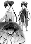  1girl adjusting_clothes blue_archive blush china_dress chinese_clothes disembodied_hand dragon_print dress gloves greyscale hair_bun halo hand_on_own_hip jacket kisaki_(blue_archive) kisaki_(school_uniform)_(blue_archive) long_hair lying monochrome necktie on_back po_(podi_mahattaya) shirt striped_clothes striped_jacket tight_clothes tight_dress unbuttoned undone_necktie 