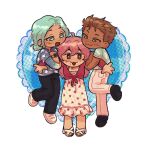  1girl 2boys 8wnqt :3 :d blush border brown_eyes brown_hair cardigan carrying carrying_person commission commissioner_insert cove_holden crew_cut dangling derek_suarez dress green_eyes green_hair hair_between_eyes halftone heart lace-trimmed_dress lace_trim long_hair looking_at_another looking_at_viewer low_ponytail main_character_(our_life) multiple_boys ornate_border our_life our_life:_beginnings_and_always outstretched_hand pink_cardigan pink_hair ponytail sandals second-party_source smile spaghetti_strap spread_fingers standing standing_on_one_leg star_(symbol) star_print tongue tongue_out vgen_commission watch wristwatch 