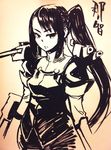  breasts ink_(medium) kanemaki_thomas kantai_collection long_hair monochrome nachi_(kantai_collection) shoulder_cannon side_ponytail small_breasts solo traditional_media 