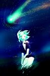  1other androgynous aqua_eyes aqua_hair black_jacket black_necktie black_shorts gem_uniform_(houseki_no_kuni) grass highres houseki_no_kuni jacket looking_at_viewer necktie night night_sky open_mouth other_focus outdoors phosphophyllite puffy_short_sleeves puffy_sleeves short_hair short_sleeves shorts signature sky solo sosou_08 standing 