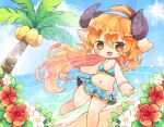  1girl :3 :d barefoot bikini blue_bikini blue_hairband blush borrowed_character bracelet breasts brown_eyes cleavage commentary_request flower foot_out_of_frame furry furry_female hair_between_eyes hairband horns jewelry leaf long_hair looking_at_viewer navel okamori_kuo open_mouth orange_hair original palm_tree ponytail red_flower sheep_horns small_breasts smile solo standing swimsuit tree 