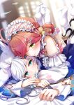  2girls :3 ahoge animal_ears apron aqua_eyes blue_skirt blue_sleeves blurry blurry_background blush braid commentary_request detached_collar detached_sleeves dress feet_up fox_ears fox_girl frilled_dress frilled_hairband frilled_skirt frilled_sleeves frilled_socks frills full_body green_eyes hair_ornament hair_rings hairband hairclip highres hololive imo_bouya indoors japanese_clothes kimono layered_sleeves lolita_fashion lolita_hairband long_hair long_sleeves looking_at_another lying maid maid_apron multiple_girls nail_polish neck_ribbon no_shoes official_alternate_costume official_alternate_hairstyle on_person on_stomach pink_hair pink_ribbon pink_skirt pleated_skirt pom_pom_(clothes) pom_pom_hair_ornament qi_maid ribbon sakura_miko sakura_miko_(new_year) shirakami_fubuki shirakami_fubuki_(8th_costume) side_braids skirt sleeveless sleeveless_kimono smile socks soles swept_bangs the_pose twintails virtual_youtuber wa_lolita white_hair white_hairband white_sleeves white_socks yellow_nails yuri 