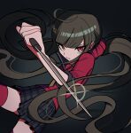  absurdres brown_hair danganronpa_(series) danganronpa_v3:_killing_harmony harukawa_maki highres hiuhhhhhh holding holding_knife knife looking_at_viewer low_twintails red_eyes red_shirt red_thighhighs shirt thighhighs twintails 