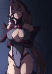  1girl absurdres aoi_tabane azarin_(kouyoku_senki_exs-tia) bare_shoulders black_gloves breasts brown_hair cleavage cleavage_cutout clothing_cutout corruption covered_navel covered_nipples cowboy_shot dark_persona elbow_gloves empty_eyes evil_smile gloves hair_intakes hand_on_own_face highleg highleg_leotard highres kouyoku_senki_exs-tia large_breasts leotard long_hair looking_at_viewer mind_controlled_exs-tia multicolored_hair parted_lips red_eyes smile solo standing thighhighs very_long_hair 