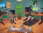 absurd_res anthro black_body black_fur black_hair blue_eyes blue_hair blue_tongue canid canine chair computer dipstick_tail electronics facial_piercing fangs fur furniture glistening glistening_eyes green_eyes green_hair grey_body grey_fur grey_hair group hair hi_res inside licking licking_lips licking_own_lips lying male male_anthro mammal markings monitor mouse multicolored_hair murid murine nose_piercing nose_ring nude office_chair on_back open_mouth open_smile piercing plant plant_pot potted_plant purple_hair ring_piercing rodent septum_piercing septum_ring short_hair sitting smile tail tail_markings teeth tongue tongue_out treadmill trio walking white_body white_fur yookie