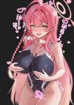  1girl ^^^ absurdres ahoge black_background blue_archive blush bodypaint bow braid breasts cleavage coke0502 collarbone commentary completely_nude covering_breasts covering_privates green_eyes groin hair_bow halo hanako_(blue_archive) heart heavy_breathing highres huge_breasts long_hair navel nude open_mouth pink_hair pink_halo saliva simple_background smile solo stomach sweat thighs tongue translation_request white_bow 