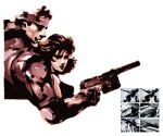  1boy 1girl absurdres bandana brown_theme closed_mouth flipped_hair from_side gun h&amp;k_mark_23 handgun highres holding holding_gun holding_weapon laser_sight limited_palette meryl_silverburgh metal_gear_(robot) metal_gear_(series) metal_gear_solid nose official_art promotional_art retro_artstyle scan scar shinkawa_youji simple_background solid_snake suppressor weapon white_background 